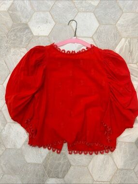 Farm Rio Vibrant Red Puff Sleeve Crochet Trim Blouse